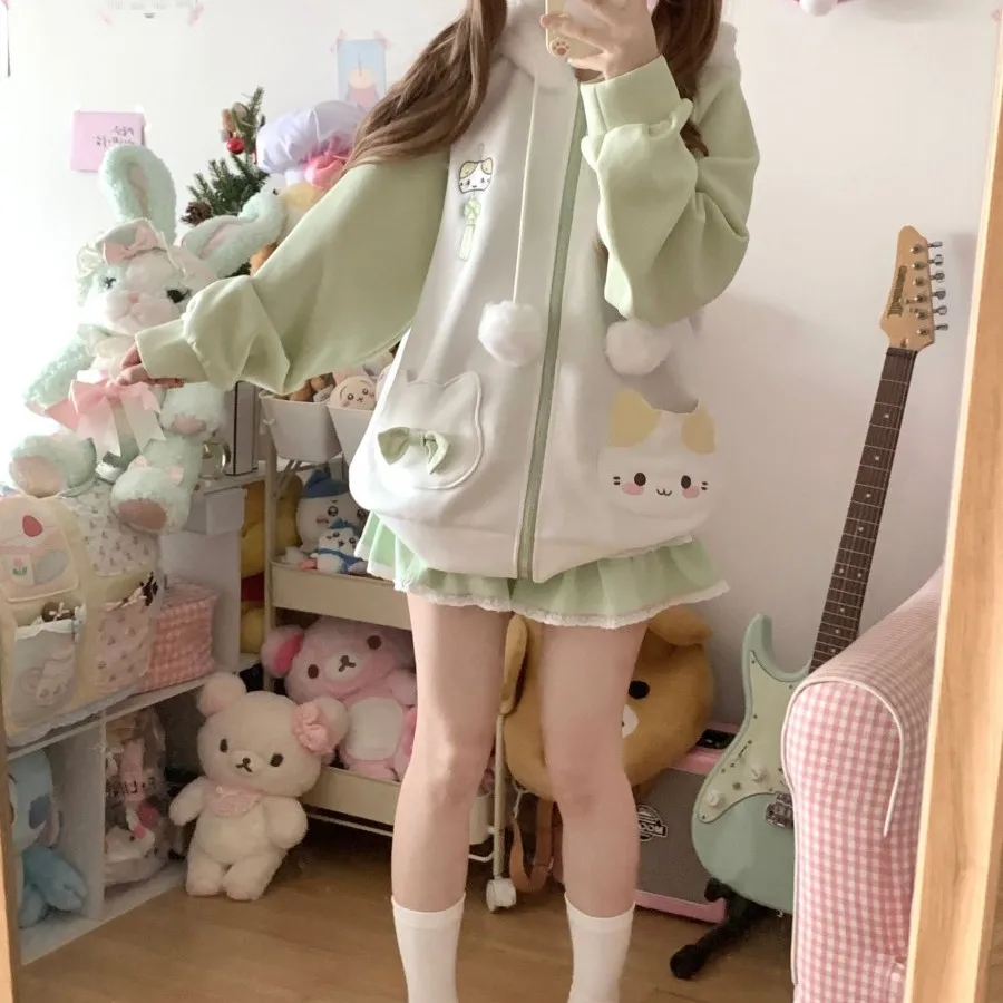 الأصلي اليابانية لينة الفتيات القط طباعة هوديي ربيع الخريف طالب Y2K فضفاض سليم Kawaii هوديي سستة سترة سترة تنورة