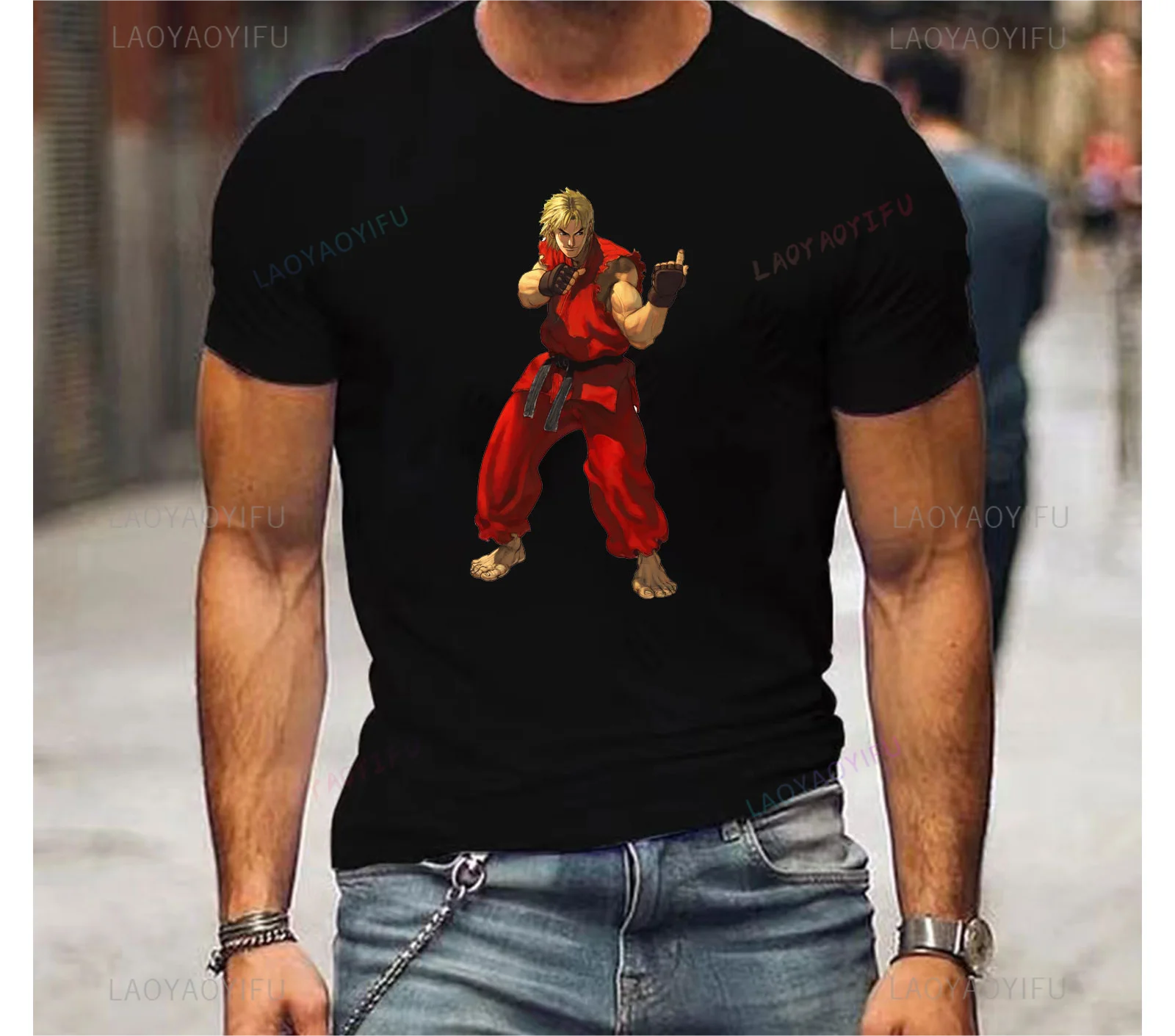 Cool street hunting printed T-shirt Ken Vs Ryu round neck fun top street wear gift creative corporate men's and women's clothing