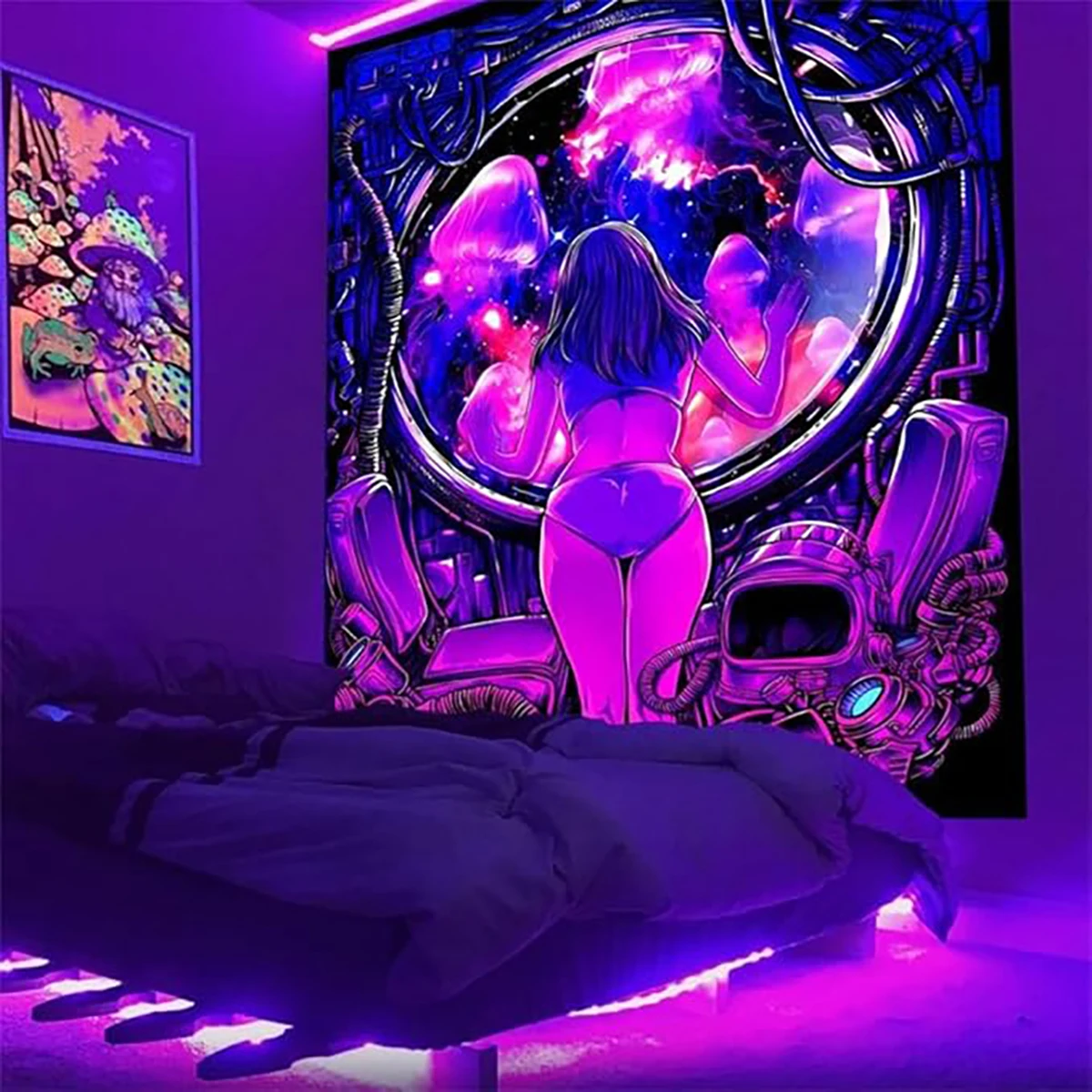 Blacklight Trippy Tapestry UV Reactive Cool Cute Girl Anime Wall Tapestry Glow In The Dark Aesthetic Art Wall Hanging Room Decor