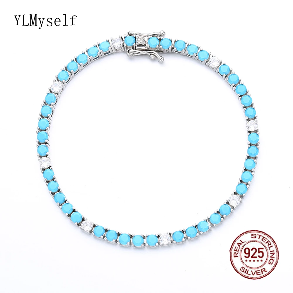 Pure Silver Tennis Bracelet Pave 3 mm Turquoise Blue Stone Mix White Cubic Zircon Real 925 Jewelry For Women