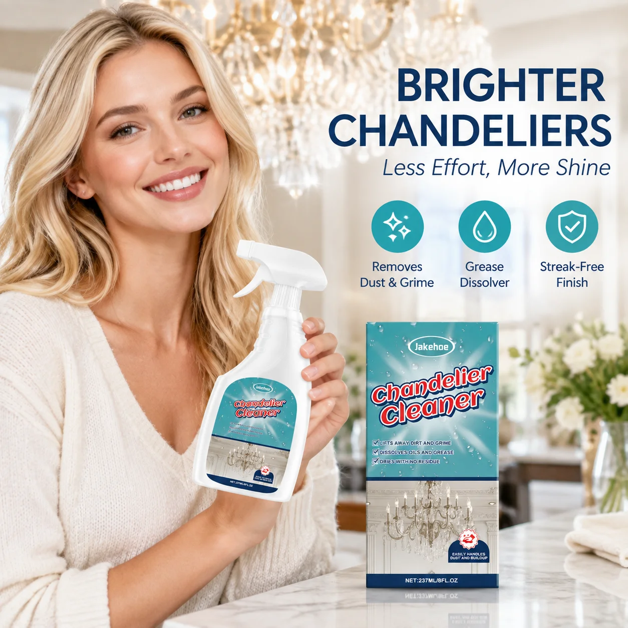 Jakehoe Chandelier Cleaner Spray No Disassembly Crystal Lamp Remove Dust Grease Stain Without Residue Chandelier Cleaner 237ml