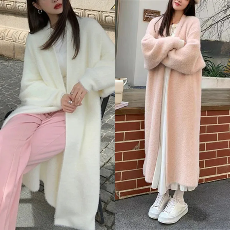 

Fashionable Autumn Winter Imitation Mink Fur Women's Cardigan Elegant And Warm Knitted Sweater Chic Thickened And Extended Coat