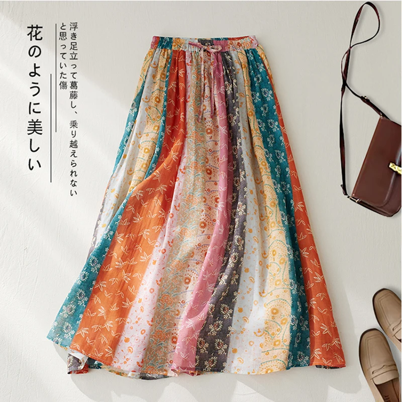 Vintage Ethnic Boho Style Block Color Cotton Linen Skirts Women's Spring Summer Elastic Waist Pocketed Midi Long Skirt Holiday
