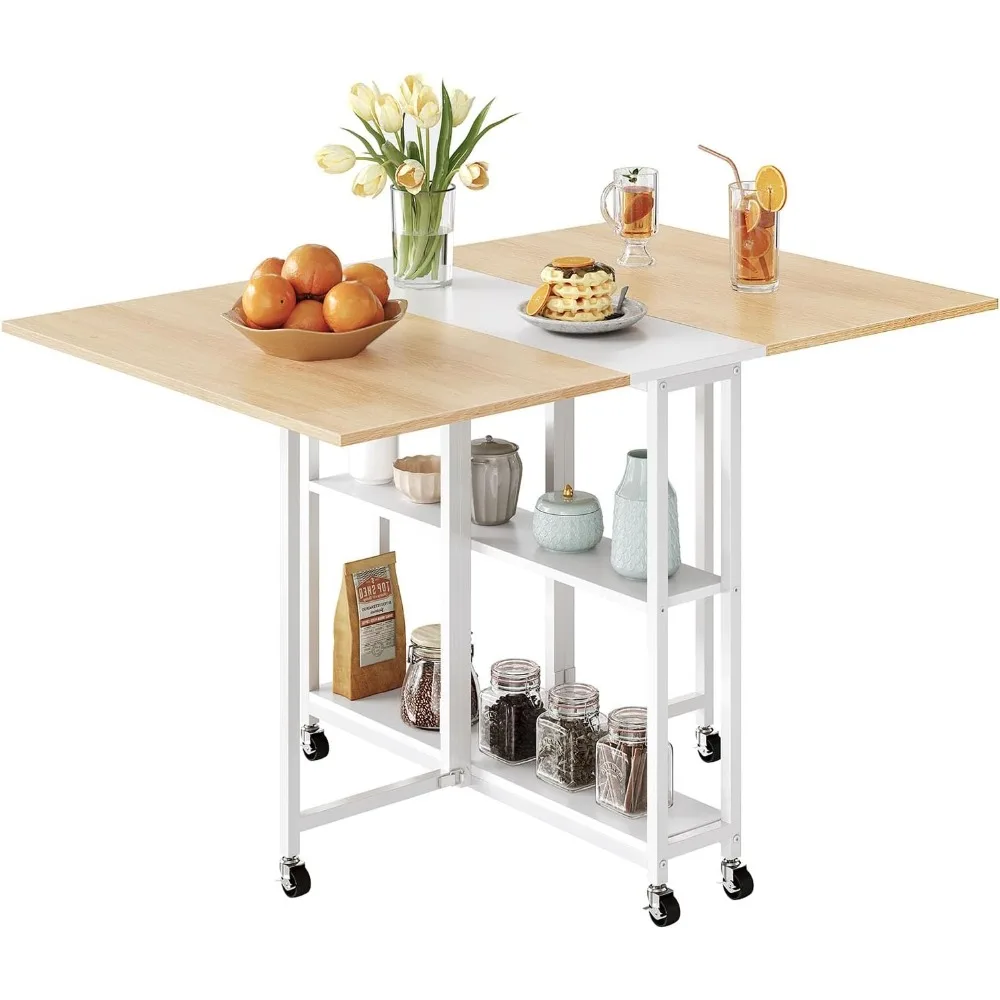 Folding Dining Table, Movable Dining Table, Kitchen Table for Small Space, Foldable and Expandable Desk Furniture with 6 Wheels,
