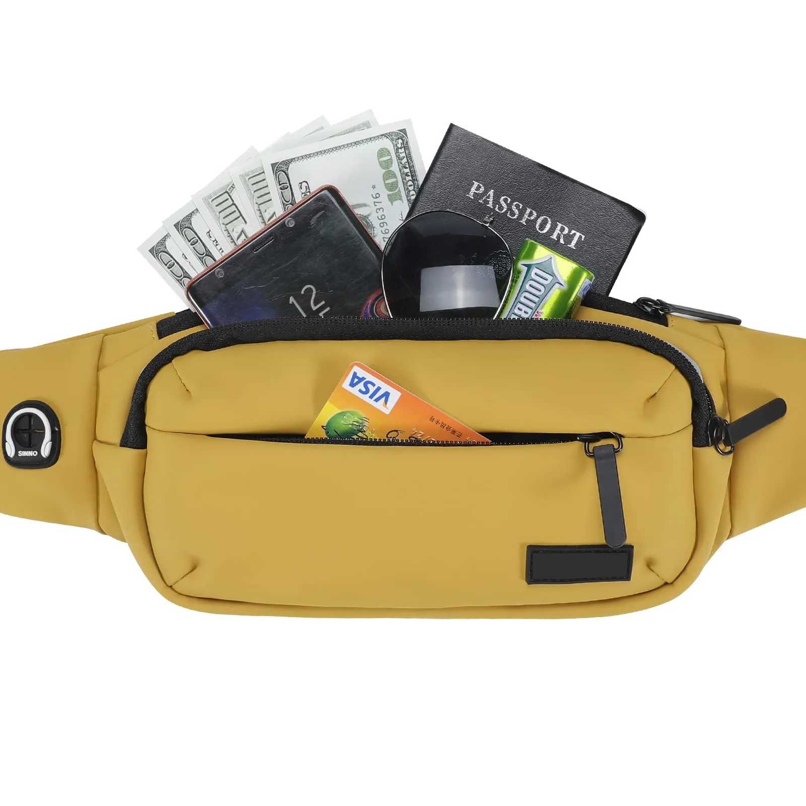 PU  Large Crossbody Sport Bag Women Men Belt Bag With 4-Zipper Pockets for Travel Running Hiking