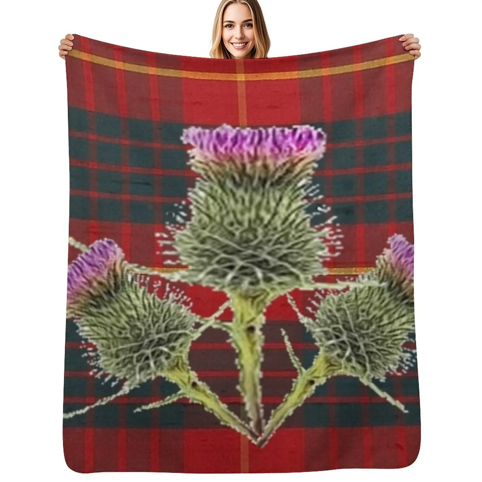 

SCOTTISH THISTLES ON CAMERON CLAN TARTAN Throw Blanket Decorative Throw Cute manga Blanket