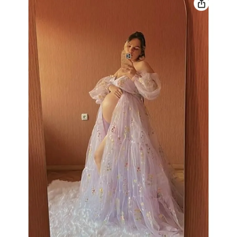 فستان سهرة مثير للأمهات - فستان حفلات بفتحة عالية مع تطريز زهور وأكمام منتفخة - فستان استحمام الطفل والتقاط الصور