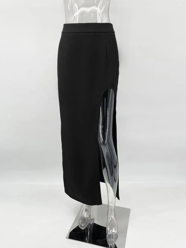 Black High Waist Long Skirt for Women Summer Fashion Side Split Patchwork Streetwear Y2k Sexy Maxi Skirt for Ladies 2025