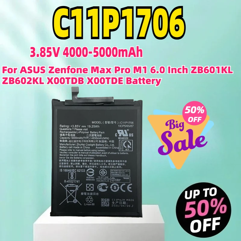 C11P1706 3.85V 4000-5000mAh Battery For ASUS Zenfone Max Pro M1 6.0 Inch ZB601KL ZB602KL X00TDB X00TDE Battery