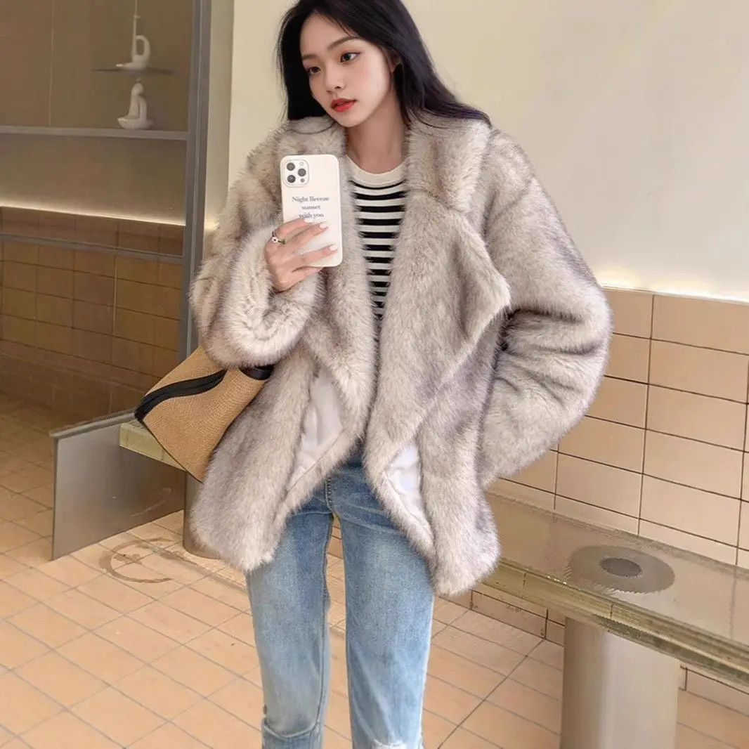 معطف فرو شتوي للنساء متوسط الطول فضفاض بياقة من الفرو الاصطناعي Jaet طويل Sve ملابس خارجية أوروبية Sle Faion