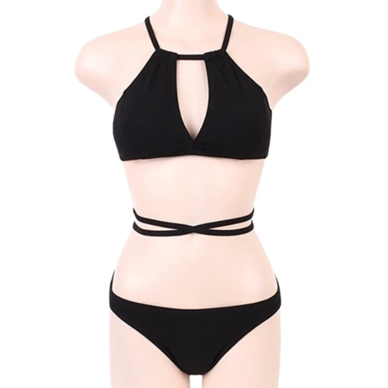 Bikinis lisos de playa para mujer, traje de baño Sexy con lazo y cuello colgante, Espalda descubierta, conjuntos de cintura baja, moda de verano 2024