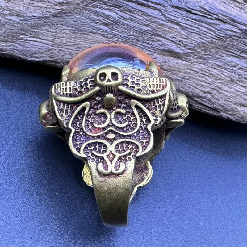 Vintage Antique Brass Tone Ring, Large Round Color Changing Created Gem, Filigree Retro Ethnic Statement Finger Jewelry