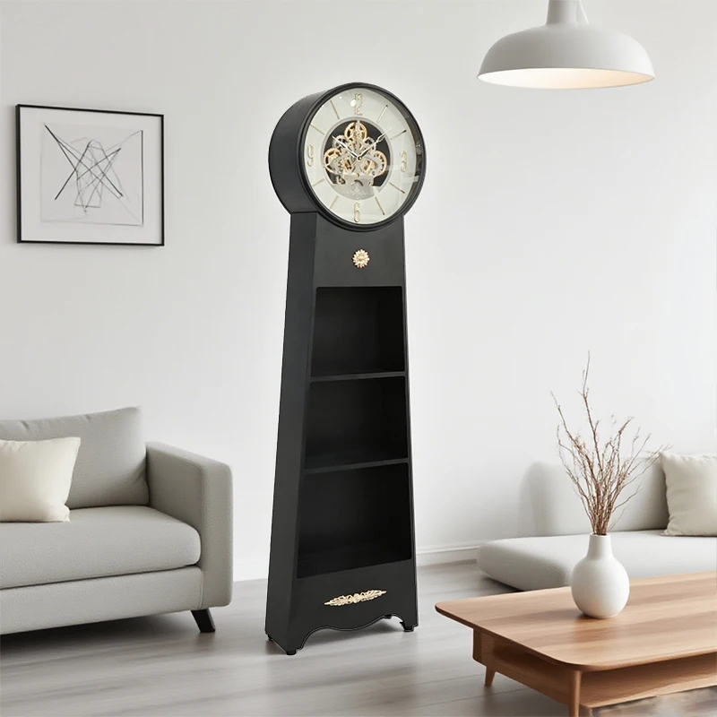 Unique Creative Design Simple Black Metal Quartz Round Still Life Pattern Floor Shelf Clock Modern Living Room Decoration