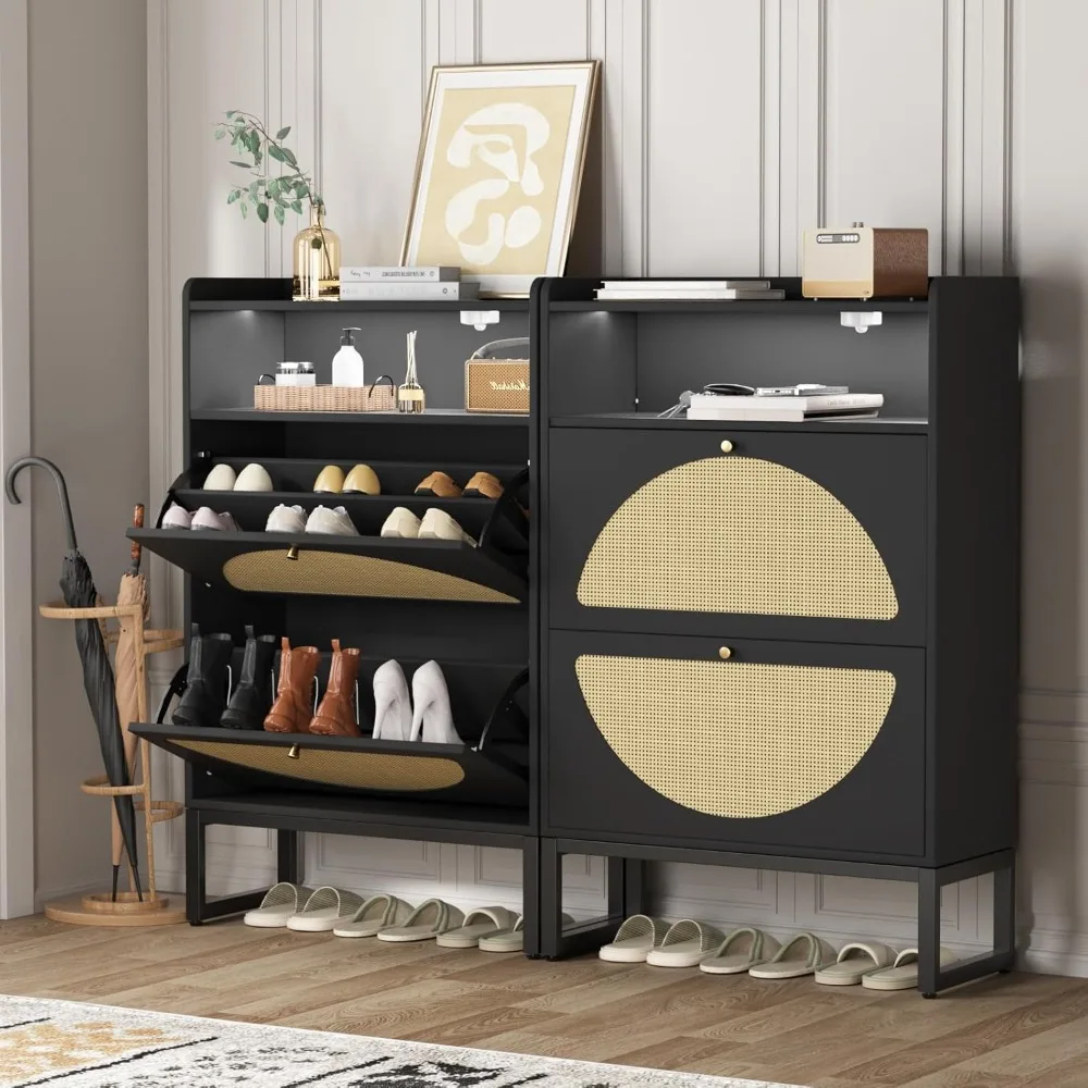 

Shoe Storage Cabinet , Rattan Shoe Cabinet with Flip Drawers & Sensor Light for Entryway, Free Standing Shoe Racks Cabinet