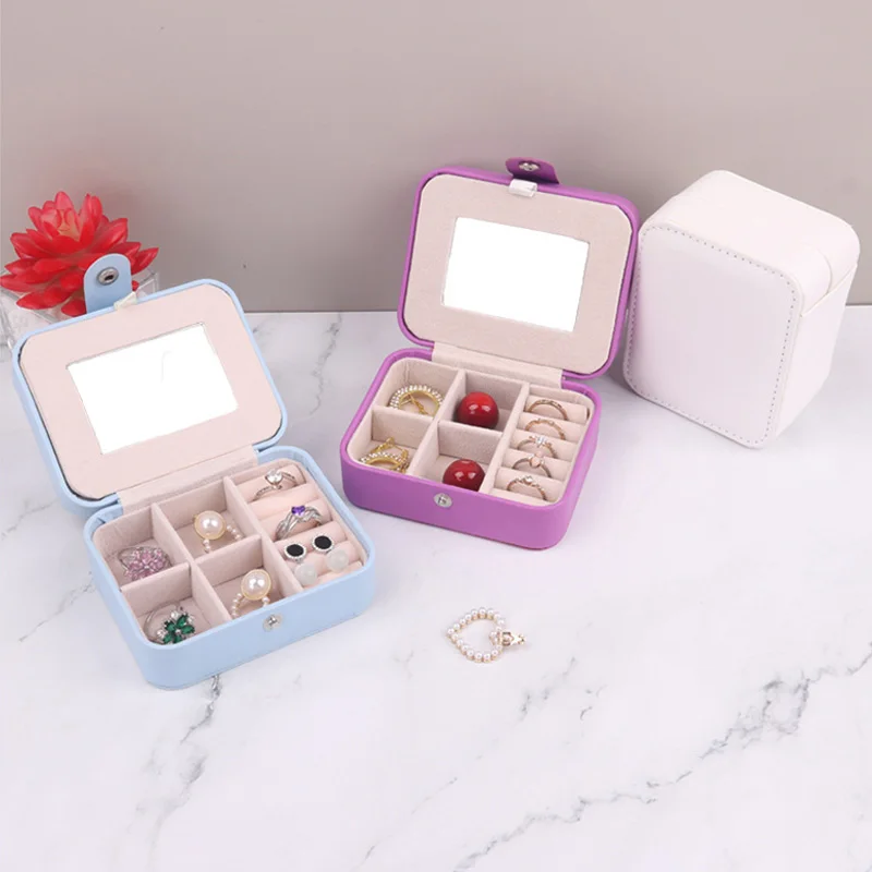 

PU Leather Pure Color Portable Jewelry Box With Mirror Earrings Ring Studs Necklace Jewelry Storage Box Jewelry Storage Box