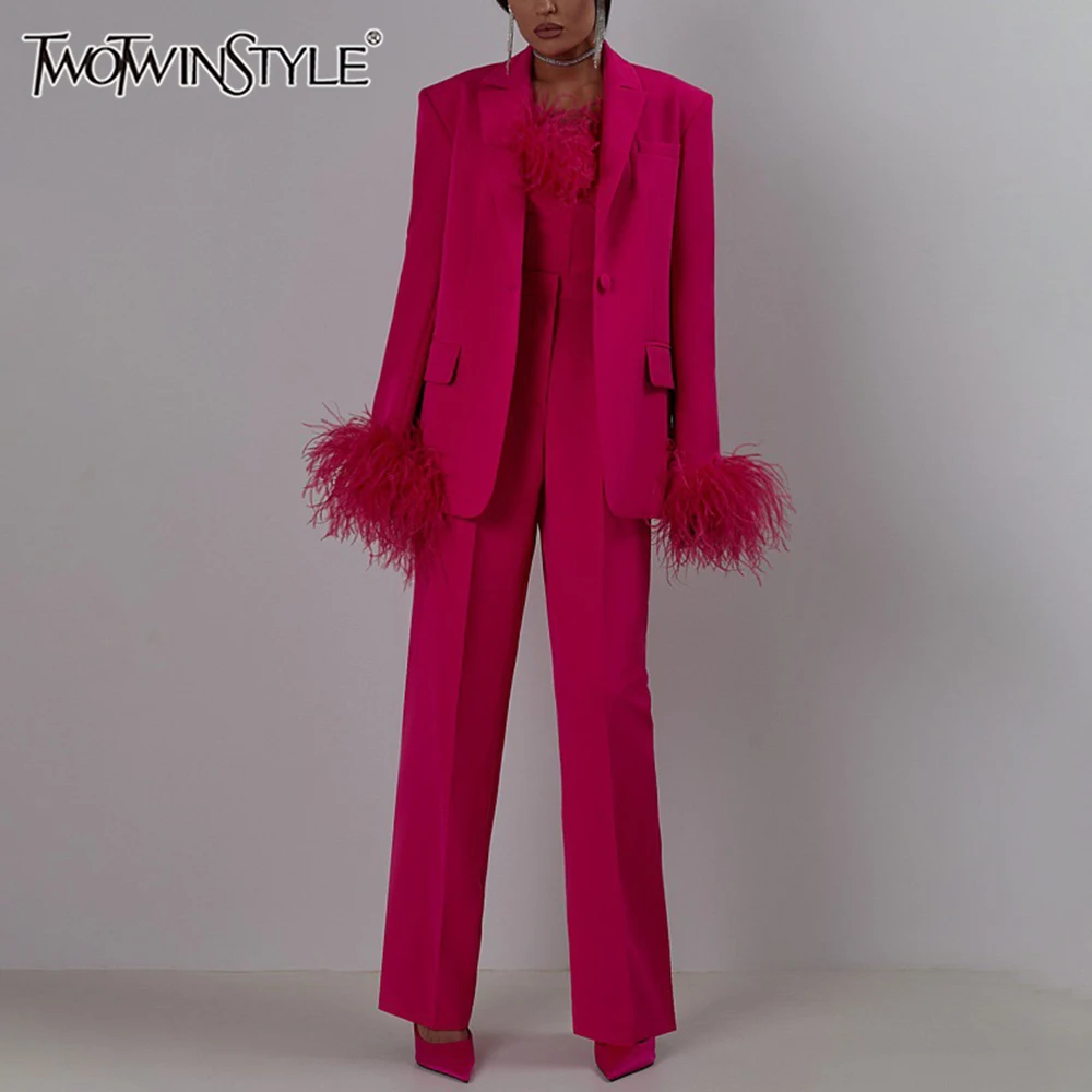 TWOTWINSTYLE Chic Two Piece Set For Women Notched Collar Long Sleeve Spliced Feathers Blazer High Waist Pant Elegant Sets Female