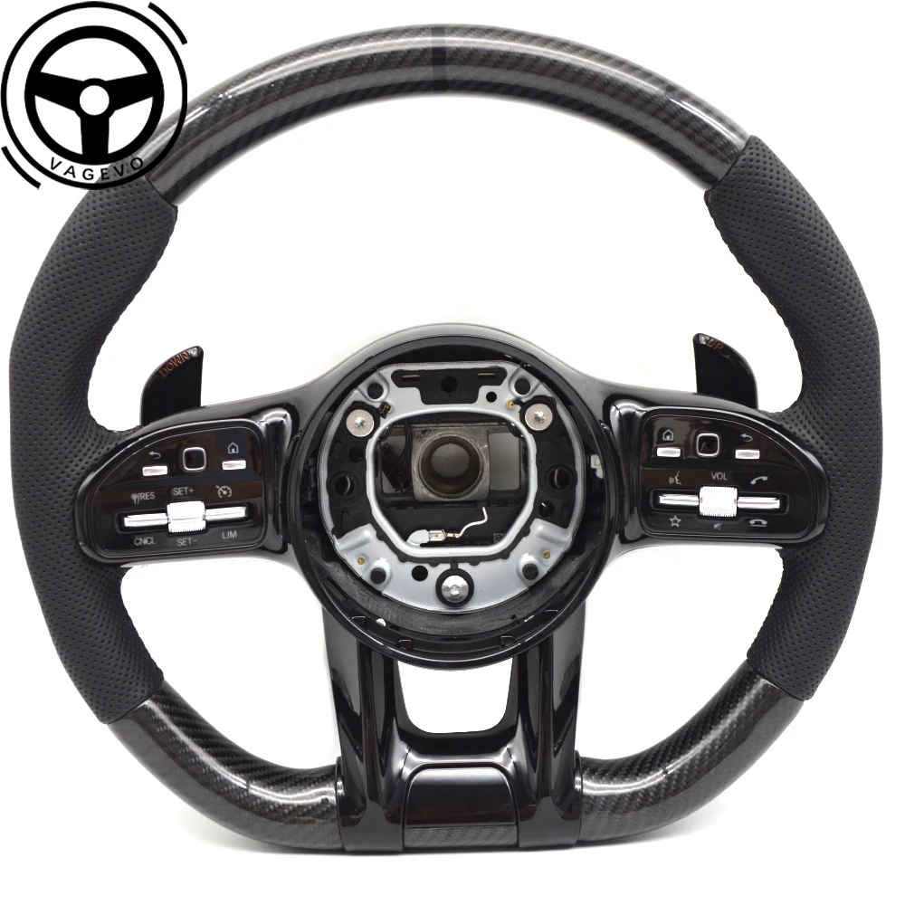 For Mercedes Benz AMG A/B/C/E/G Class Black Stitching Carbon Fiber Leather Perforated Multifunctional Steering Wheel