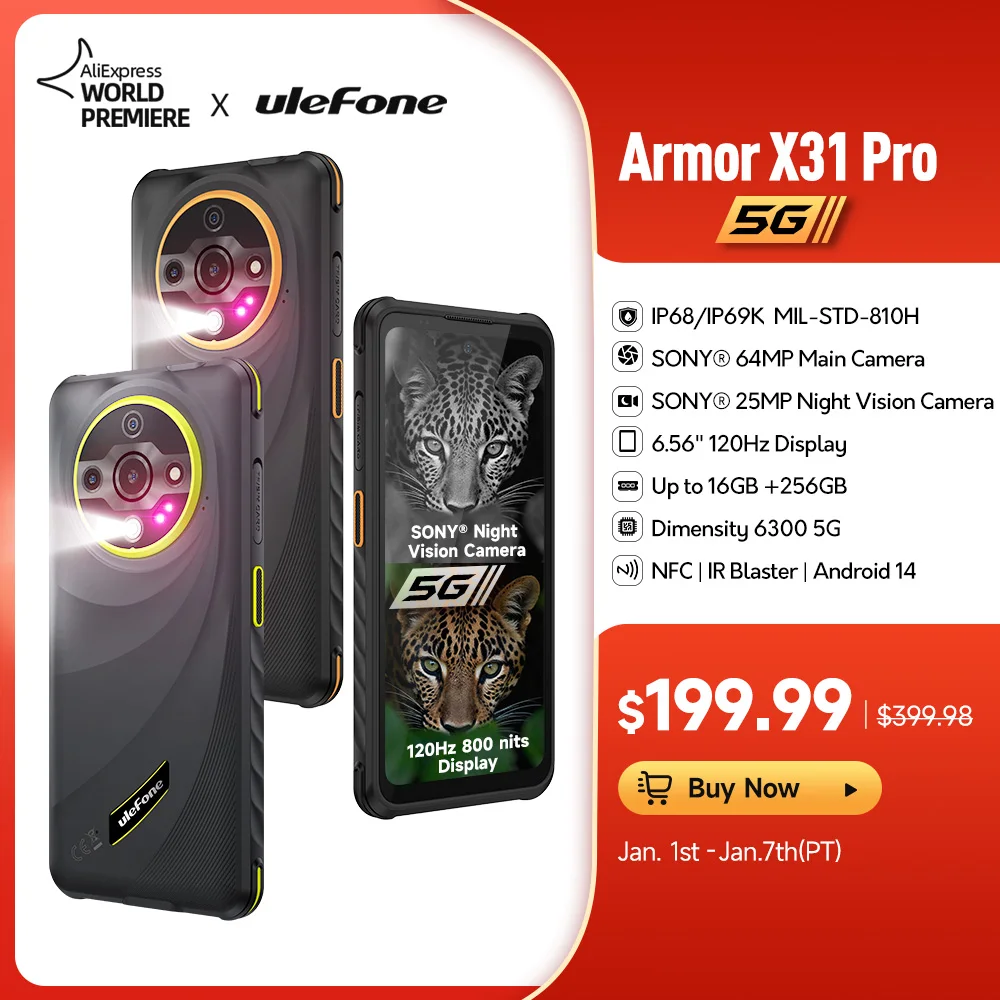 Ulefone Armor X31 Pro 5G защищенный телефон Android 14 водонепроницаемый смартфон 6.56”16 ГБ ОЗУ 256 ГБ ПЗУ Sony ® Ночная камера 64 МП NFC Прочный мобильный телефон