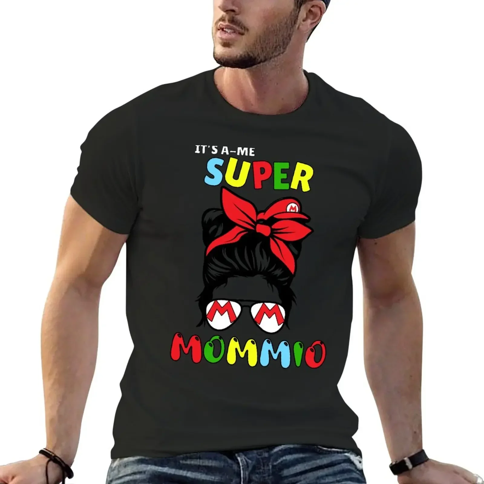 T-Shirt customs plain men graphic t shirts Super Mommio Funny Video Gaming for men clothing Tee oversized Cartoon Casual tops