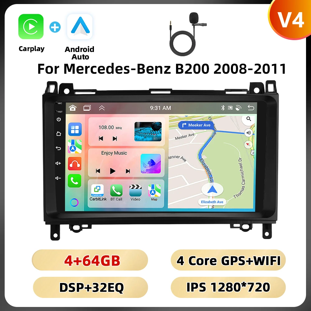Podofo 8 128G 2din Autoradio Voor Mercedes-Benz B200 2008-2011 Multimediaspeler Navigatie Carplay Android Auto Rds Auto Audio