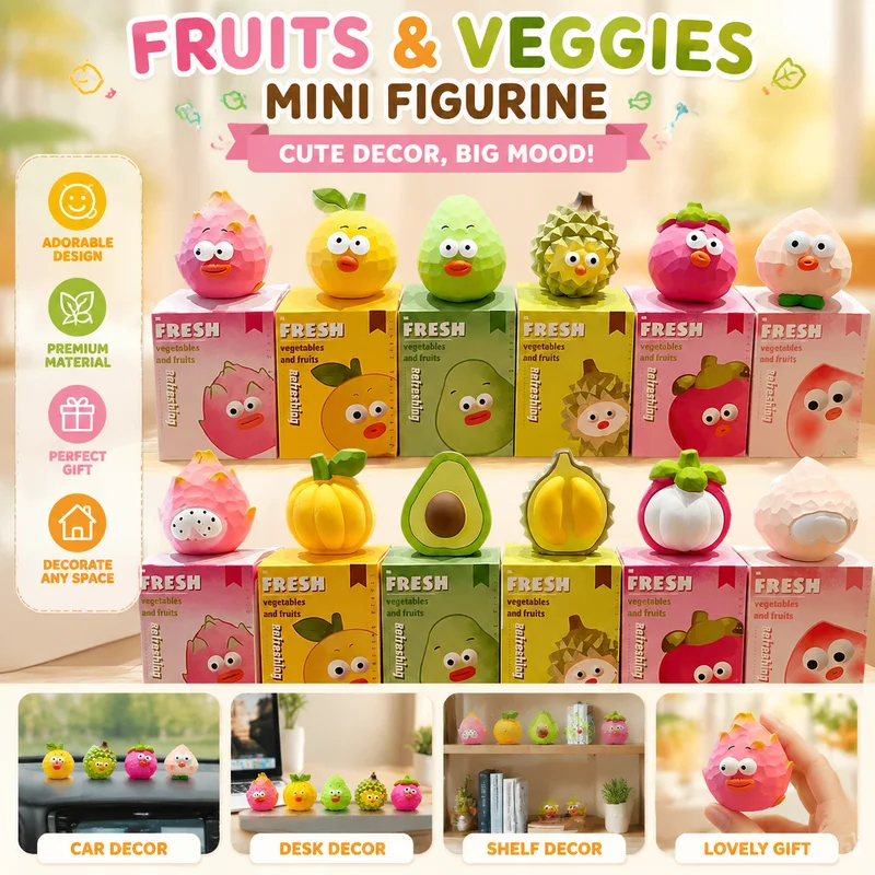 6 Pcs Wood‑Carving Style Fruit And Vegetable Series Resin Ornaments Funny Bulging‑Eye Peach Mangosteen Home Desk Decor Gift