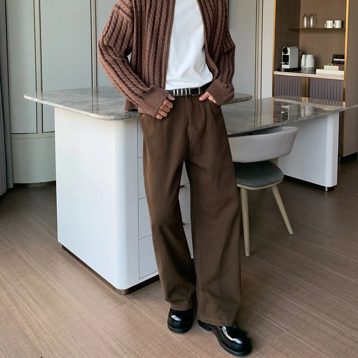 Korean Popular Clothes Retro Niche Solid Color Loose Straight Jeans Street Fashion Trousers Baggy Coffee Jeans Luxury Men