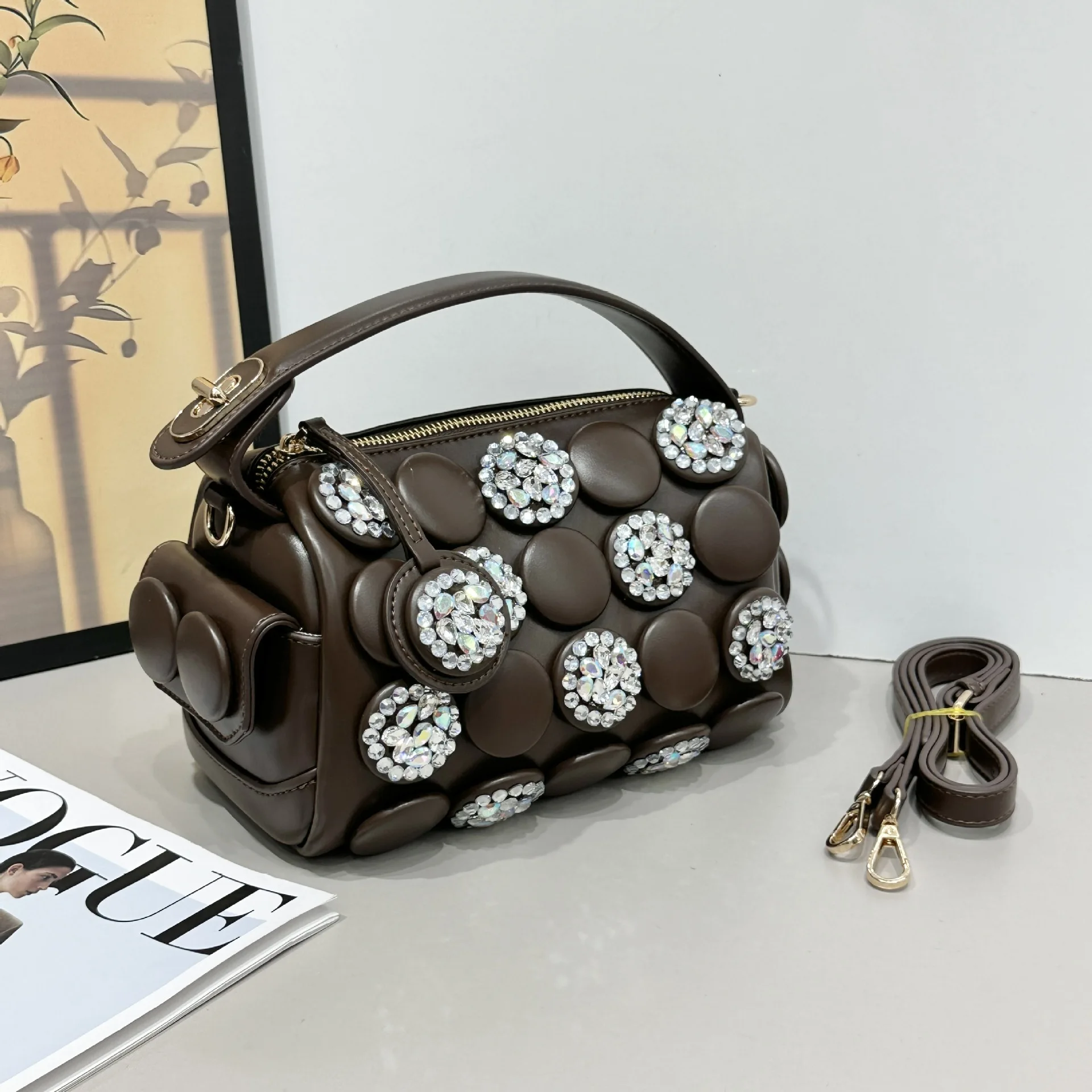 2026 Spring New Fashion Trend: Beaded Round Bucket Bag with Large Capacity Buttoned Shoulder Sling Bag