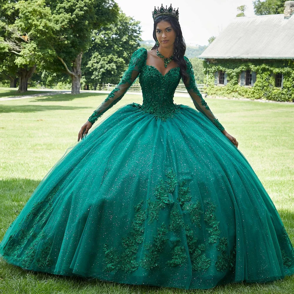 EVLAST personalizado verde esmeralda mangas largas Vestido para quinceañeras apliques De encaje lentejuelas corsé dulce 16 Vestido De 15 Anos TQD071