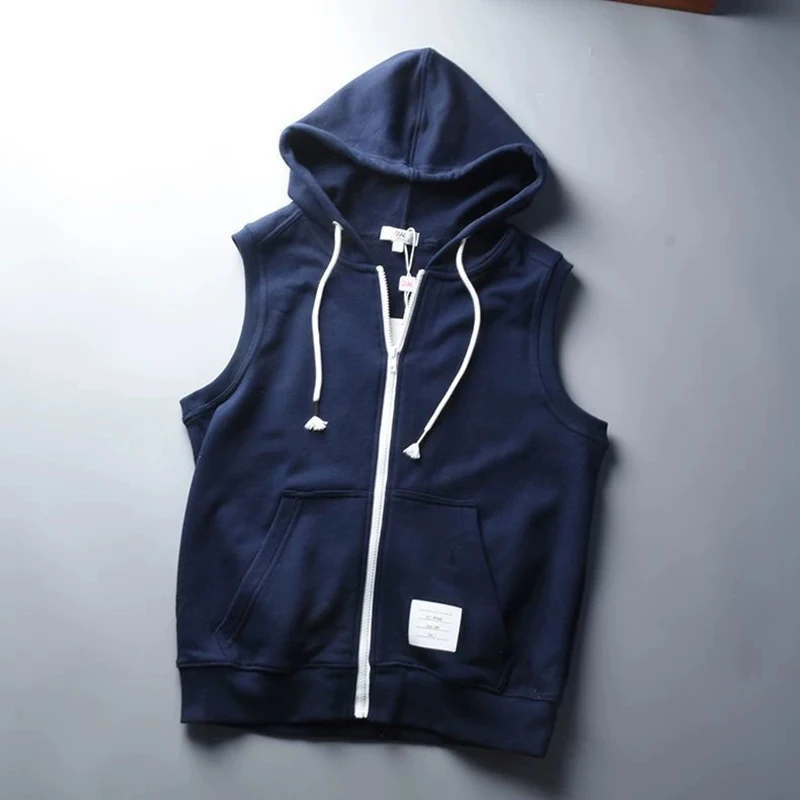 Men Plus Size Hooded Sleeveless Sweatshirt Vest American Retro Zip Up Hoodie Tank Top Summer Loose Waistcoat Solid simple clothe