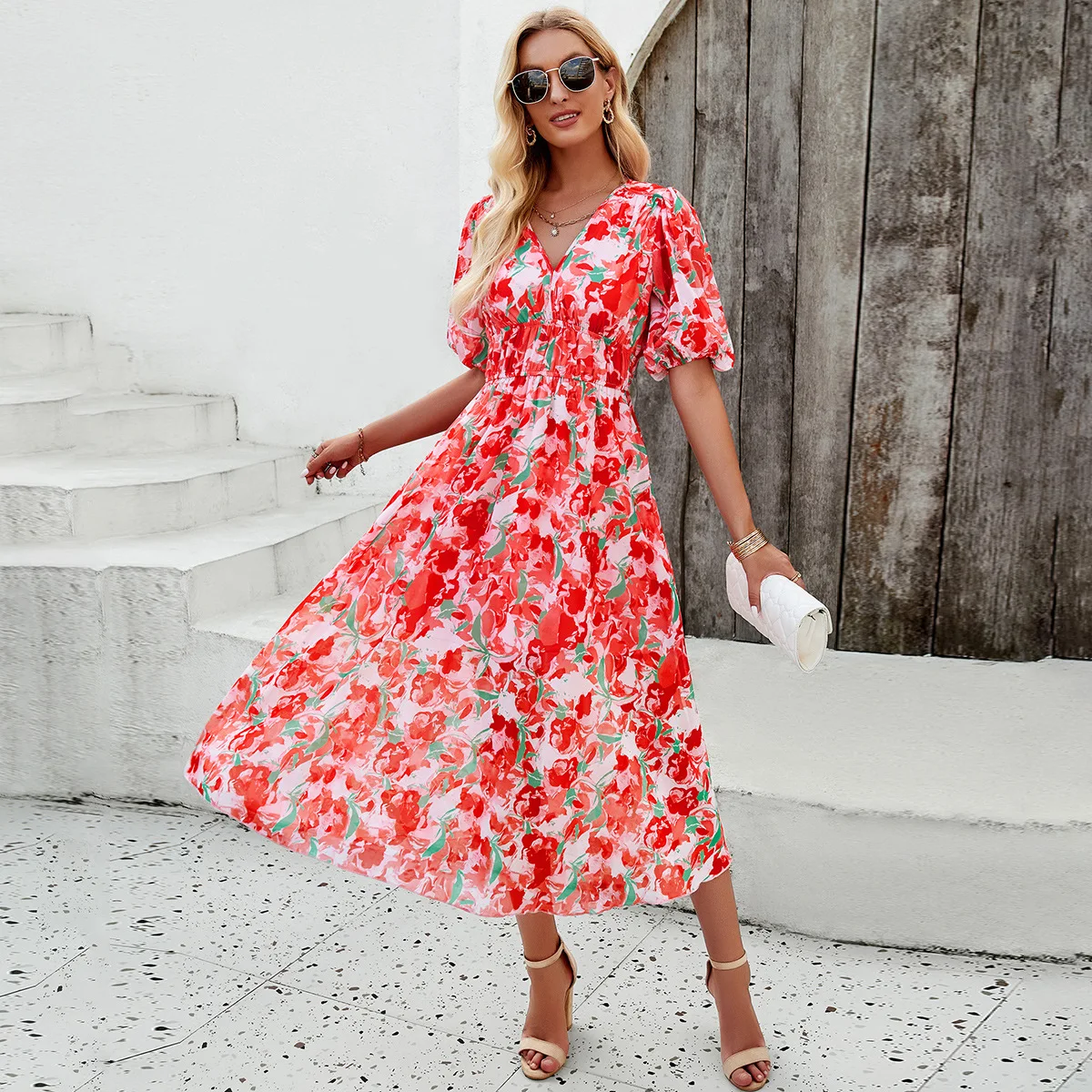 

High Quality Women's Clothing 2024 Spring Summer Vacation Leisure Print Waist Cinched V-neck Long Skirt Vintage Dress Vestido