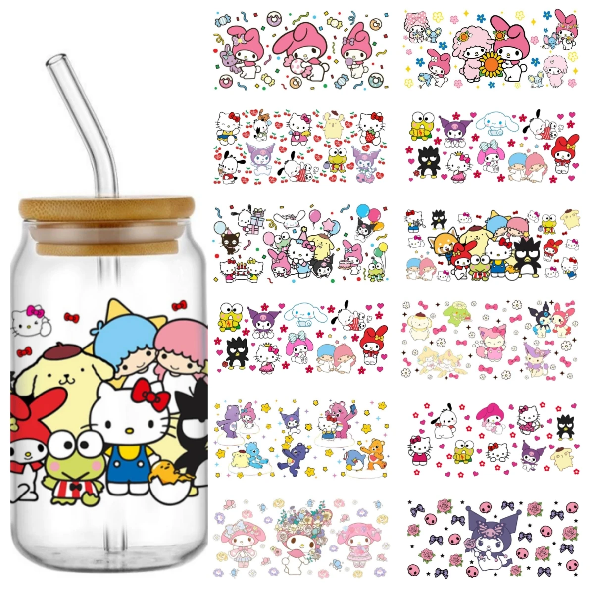 Miniso Personalize Hello kitty Friends Print UV DTF Sticker For 16oz Cups Can Wrap Custom Labels DIY Logo Selfadhesive