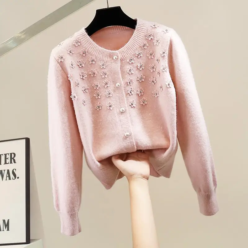 

Ретро-кардиган крупной вязки для женщин, осенне-зимняя верхняя одежда, роскошный свитер с бисером, свободный топ прямого кроя