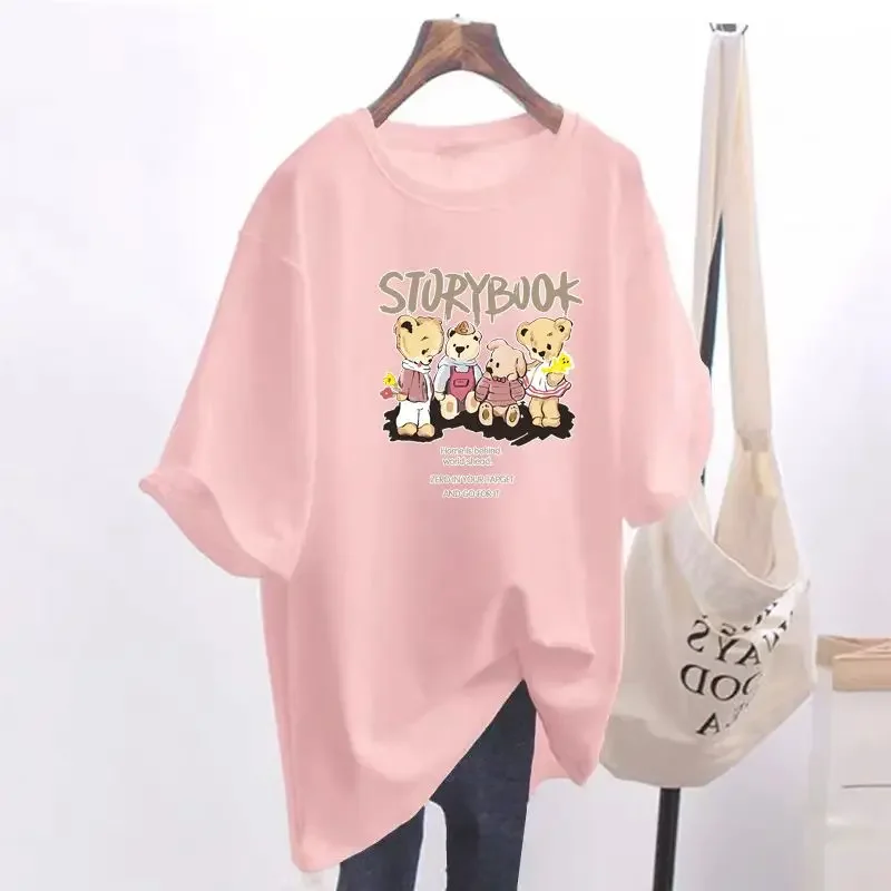 Women's Cotton Loose T-shirts 2024 Summer New Bear Print Short Sleeve Cartoon Fashion Tops Lady Large Basic O- Neck Casual Tees