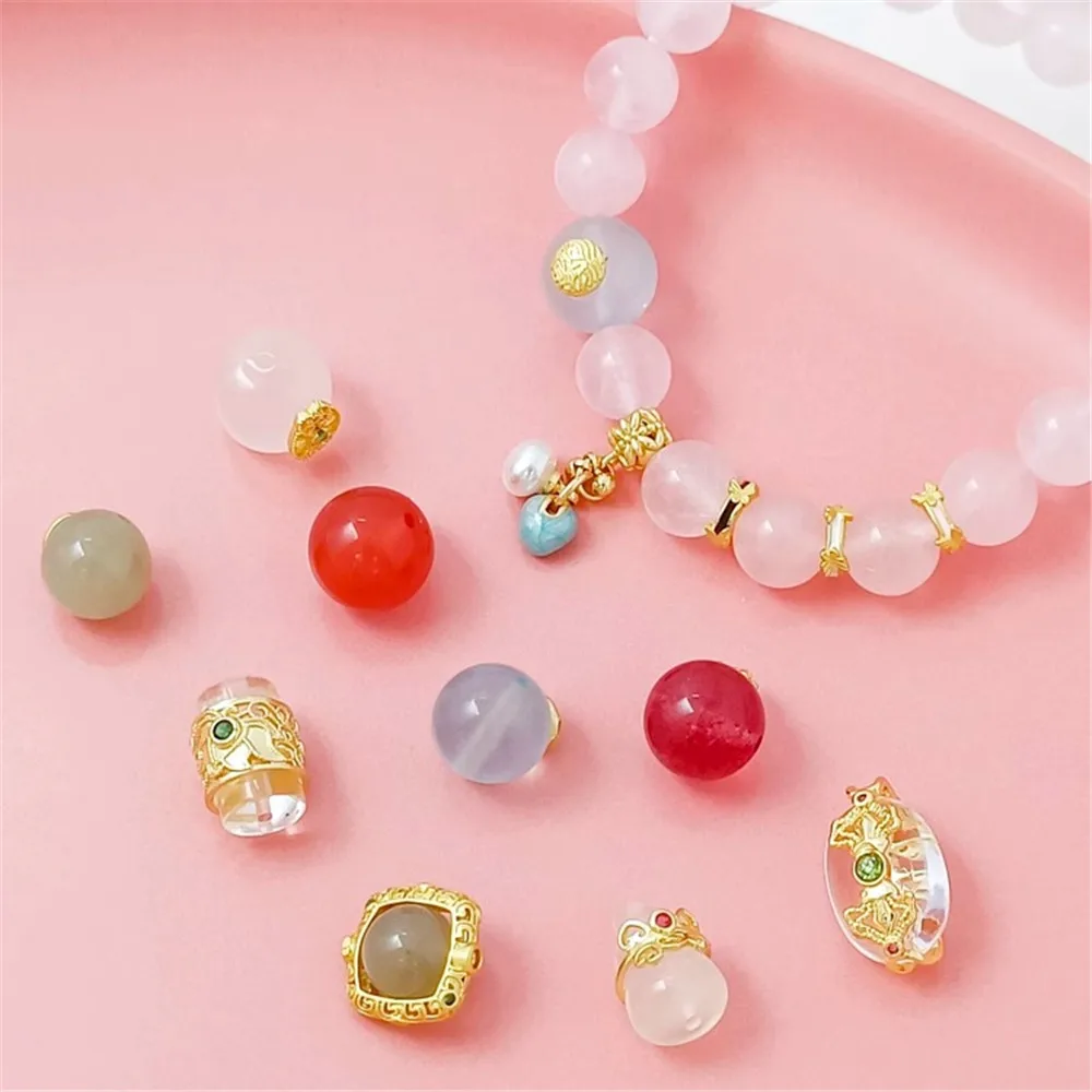 

Natural White Crystal, Strawberry Crystal, Gourd, Aquamarine, Five Pieces with Round Bead Spacers, DIY Jewelry Accessories