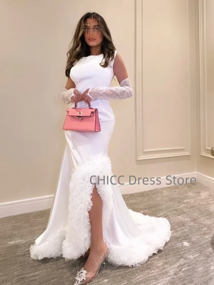 Robes de soirée élégantes, col rond, manches longues, fente latérale, robe de bal froncée, pour occasions formelles, personnalisée