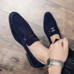 New Suede Loafers Men Flock Shoes Business Blue Breathable Slip-On Casual Driving Shoes Evening Dress Men's Shoes Wedding Shoes