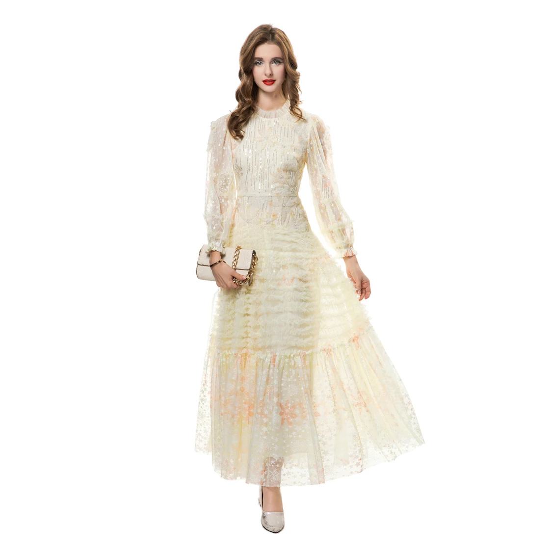 Vestidos femininos o pescoço mangas compridas impresso babados em camadas elegante designer de moda maxi vestidos