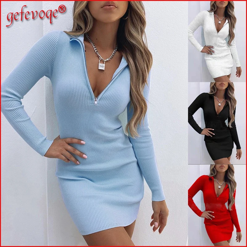 Elegant Sexy Party Dresses Women\'s Fashion Casual Solid V Neck Zipper Long Sleeve Bodycon Basic Mini Dress Female Clothing 2021