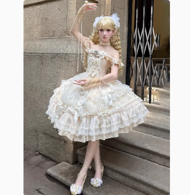 スイートロリータスタイルプリンセスドレス2025新作レディースエレガントフラワーウェディングドレスガールズキュートボウレースエッジヘビーインダストリードレス