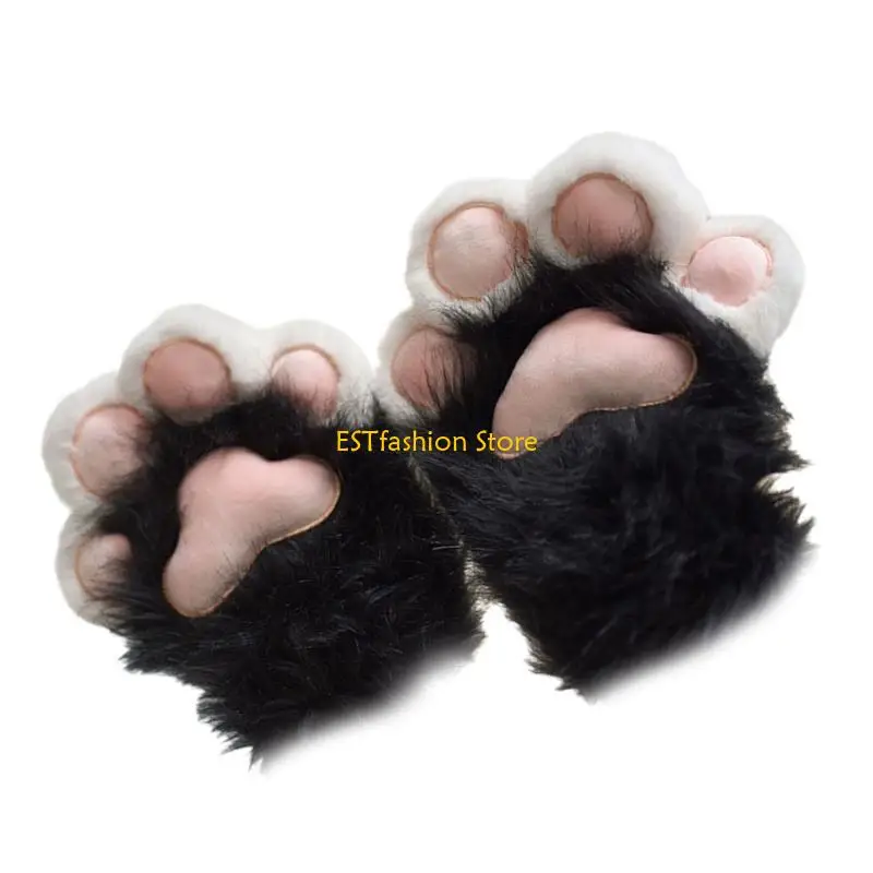 Y5GC Pelzige Tierpfoten-Handschuhe für Teenager, Erwachsene, Katzenpfoten, Plüschhandschuhe, Anime-Fäustlinge für Halloween,