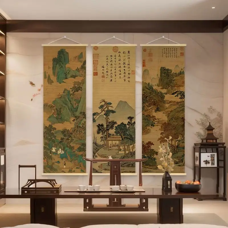 VIKAMA Chinese Blue Green Landscape Wall Scroll Set of 3, Traditional Painting Vintage Wall Hanging for Tea Room Decor