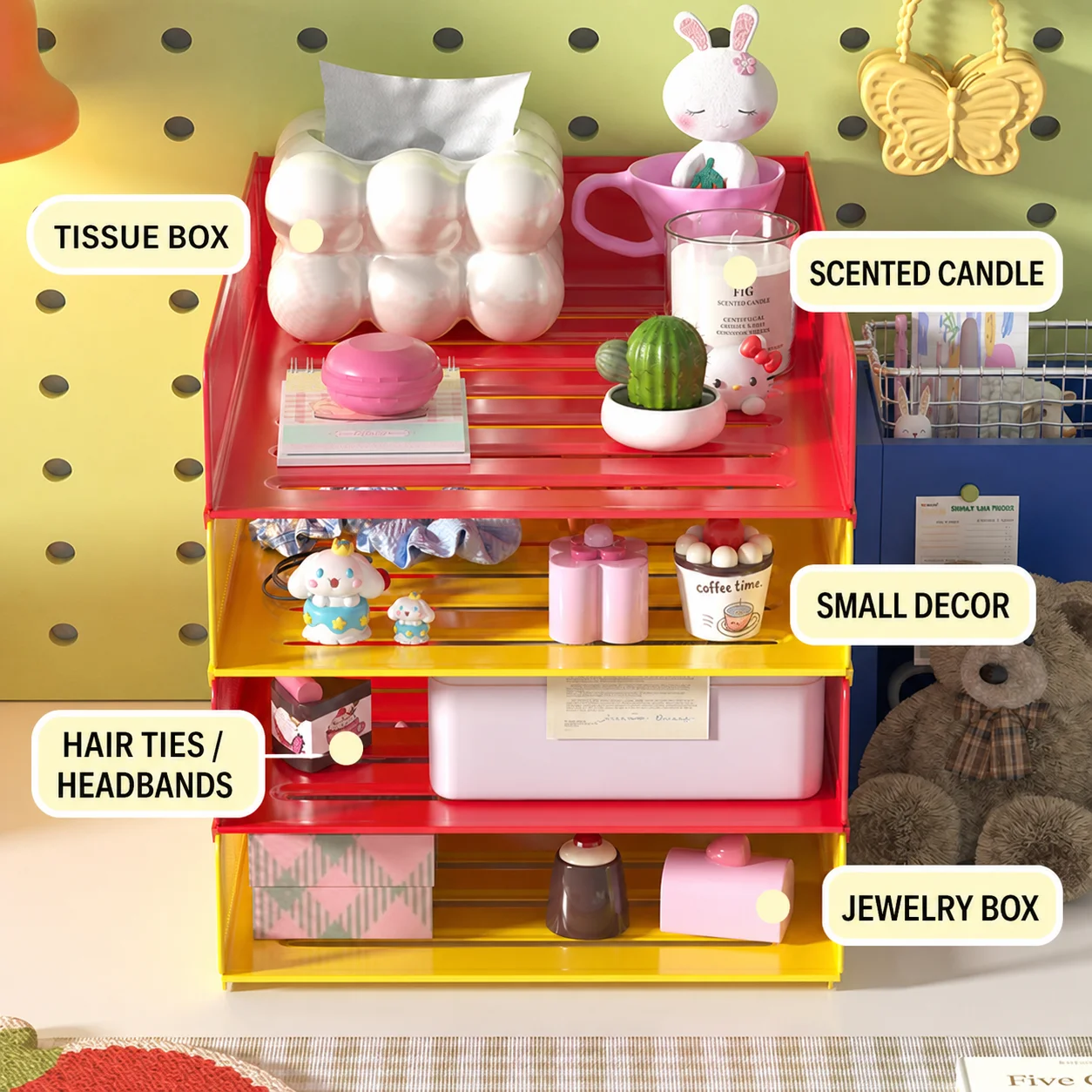 Multi-Layer Open Front Desk Organizer, 3-Tier Mesh Storage Box for Office/School/Home, Cute Pastel Stationery Holder