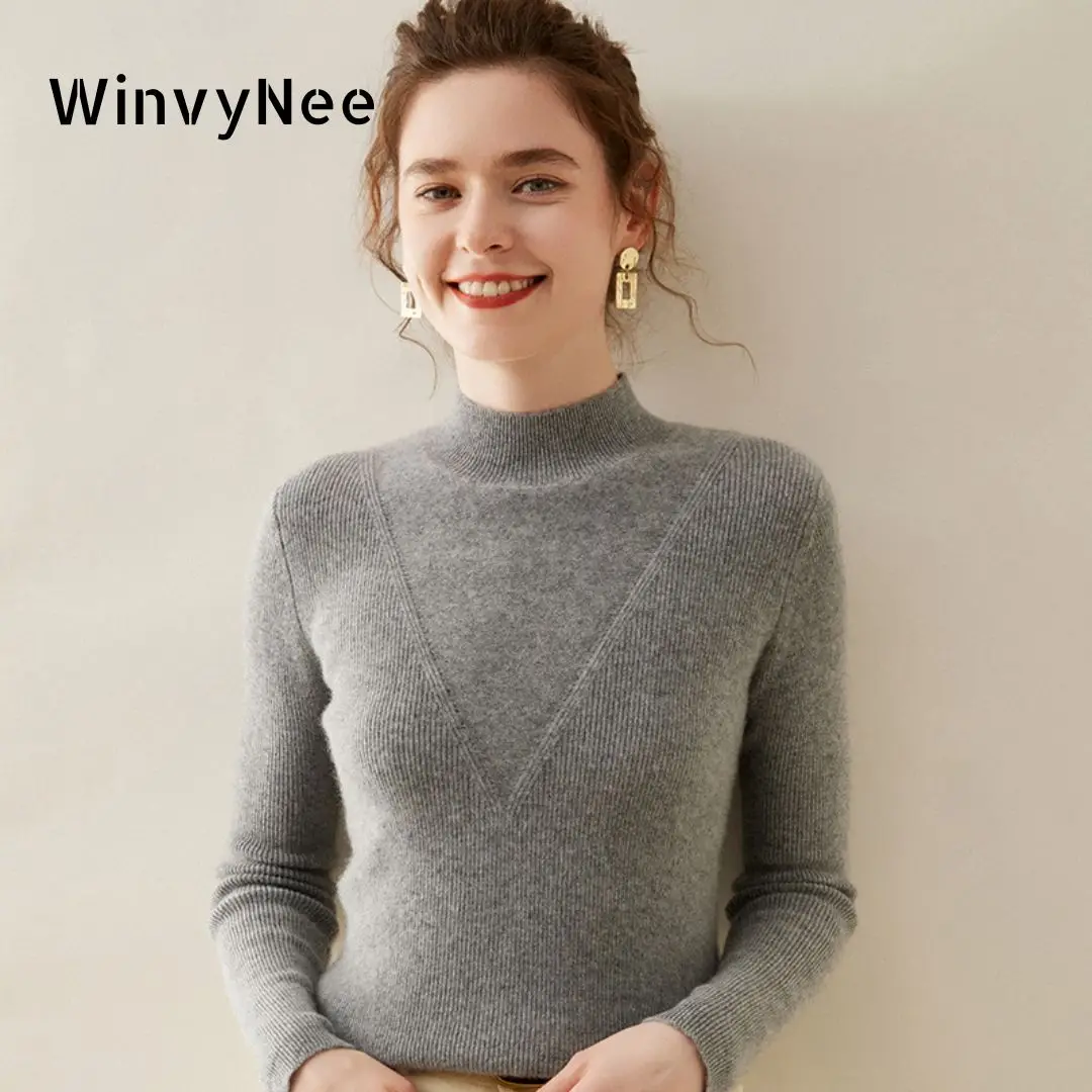 

WinvyNee Women's Cashmere Sweaters Merino Wool Half High Neck Slim Pullover Female Sweater Stretch Jumpers Tops Winter A1054012A