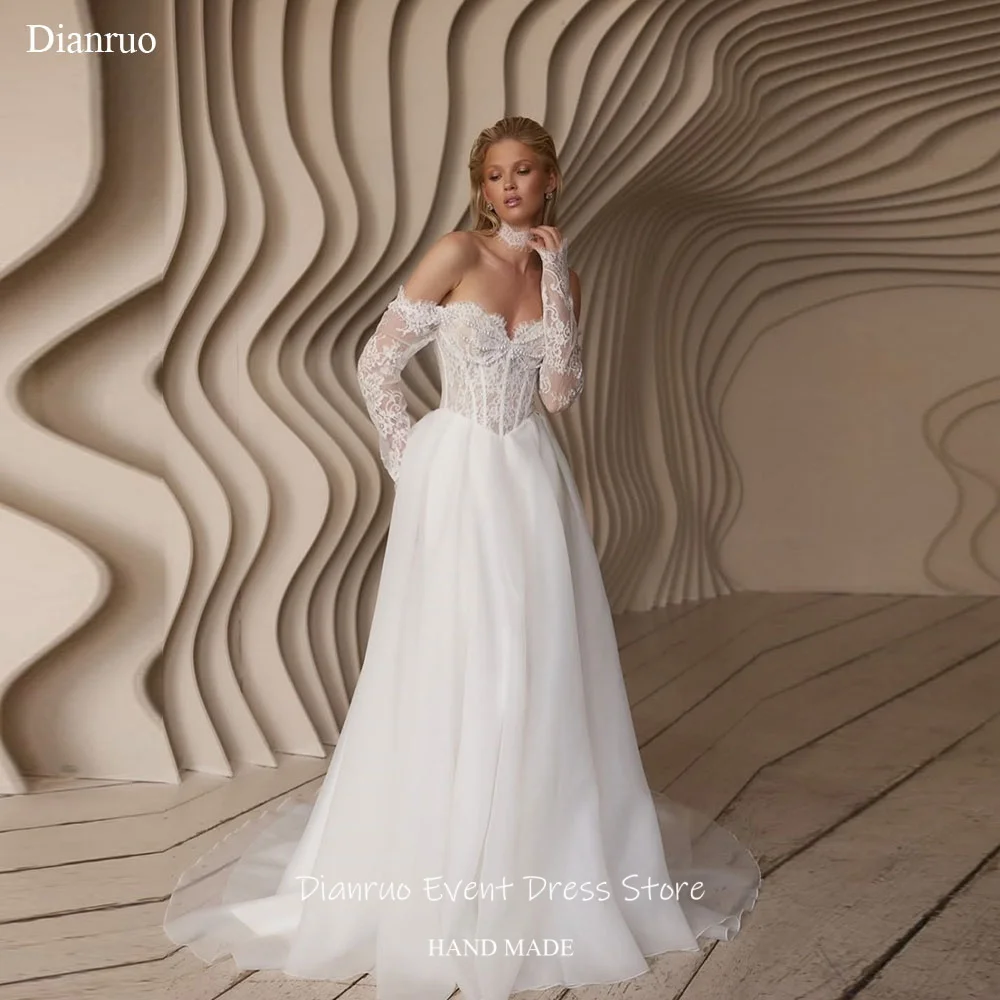 Dianruo Sparkling Pearls A Line Wedding Dresses Organza Sweep Train Vestido Novia Appliques Civil Robe De Mariée Customized