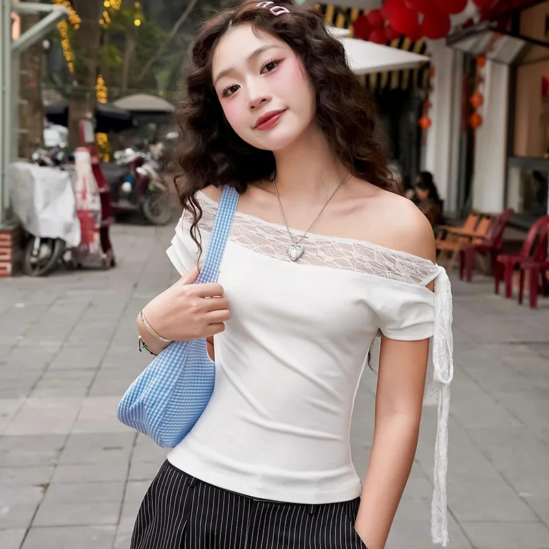

Female White Lace Ribbon Bandage Tops Tees T Shirts Lady Tropical Cute Festival Holiday Streetwear Vietnam Thailand Trendy Tops