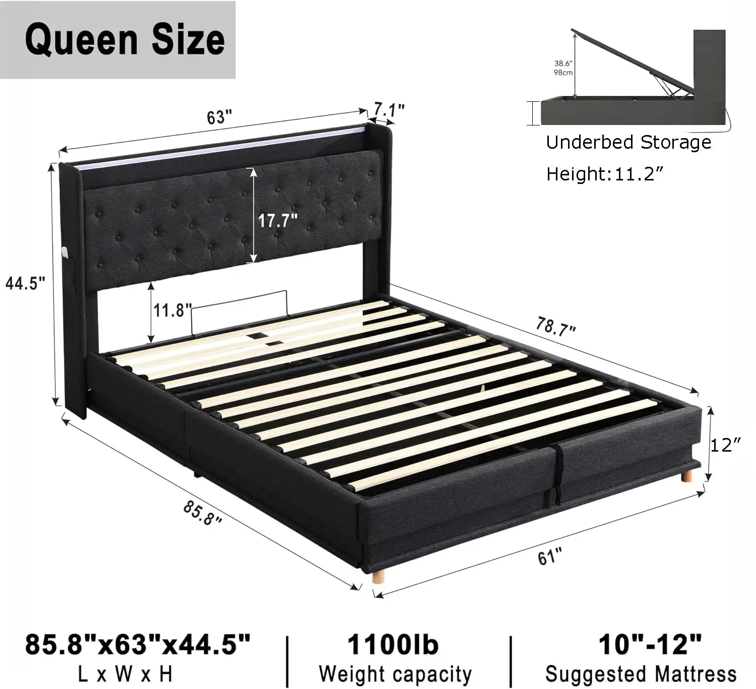 Queen Bed with Lift Storage, Charging Station & LED Lights, Wingback Headboard, Hydraulic, No Box Spring, Black, Customized