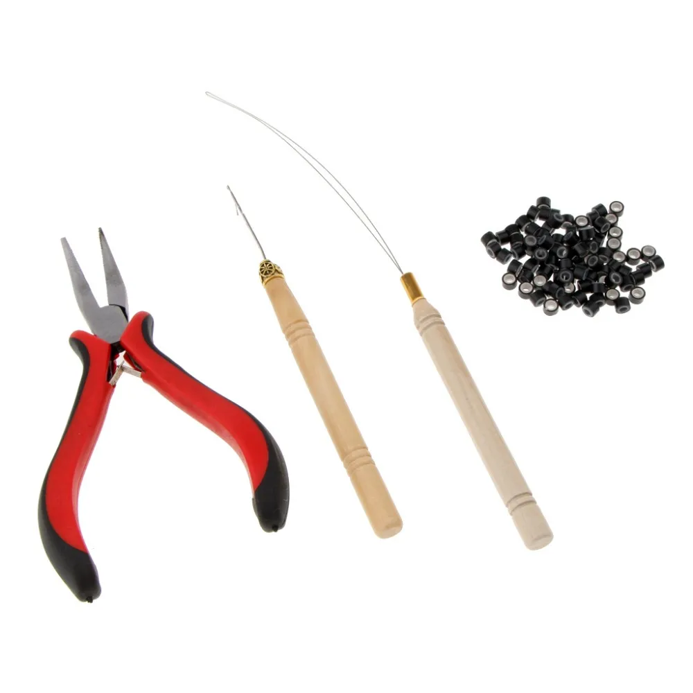 Hook Needle Hair Extensions Tools Kit Pulling Needle Crochet Hook 500pcs Micro Ring Beads Silicone Rings Loop Threader