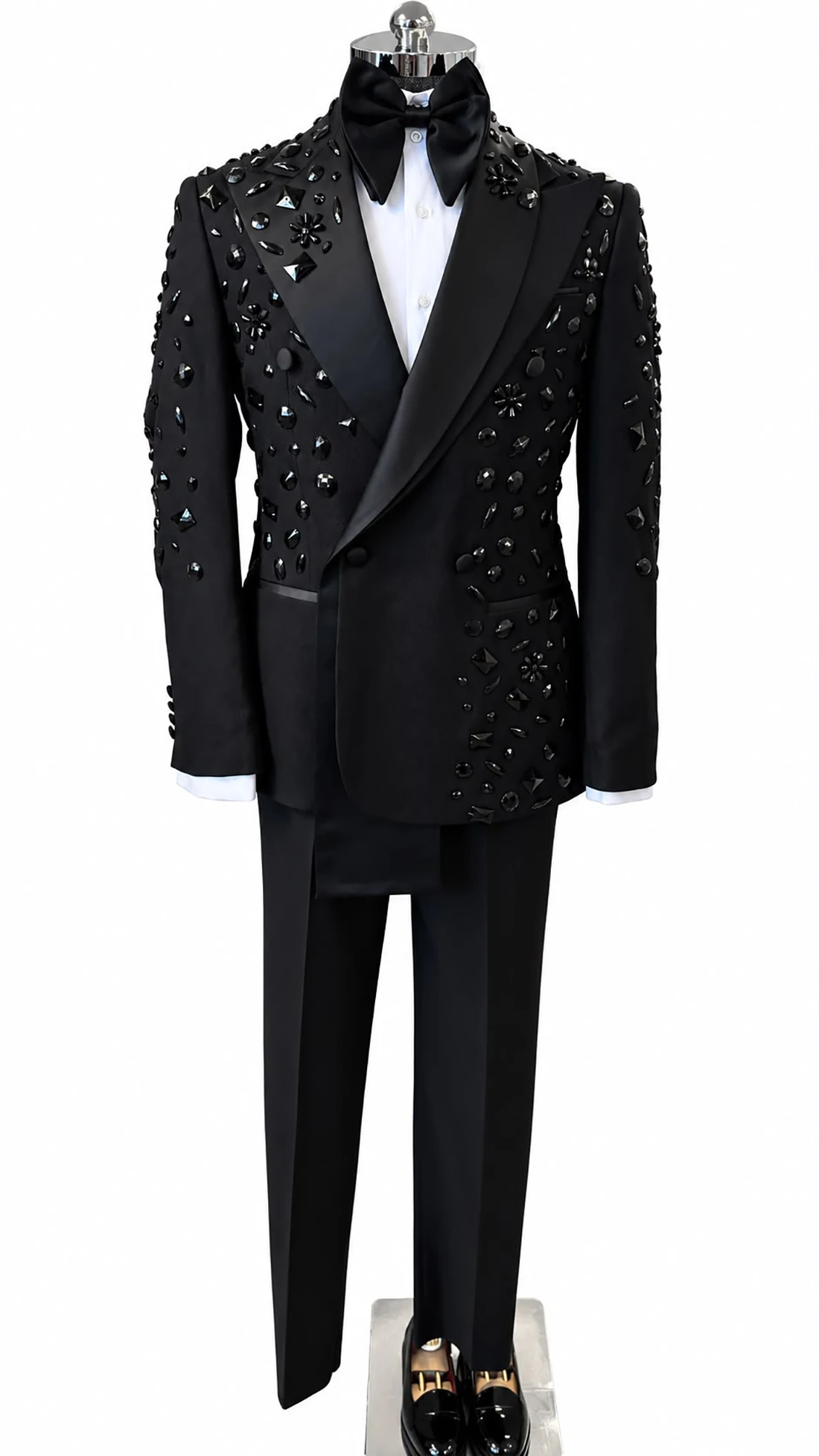 Designer Rhinestone Men Suits For Wedding Peaked Lapel Double Breasted Tuxedos 2 Pcs Jacket Pants Evening Party Customized