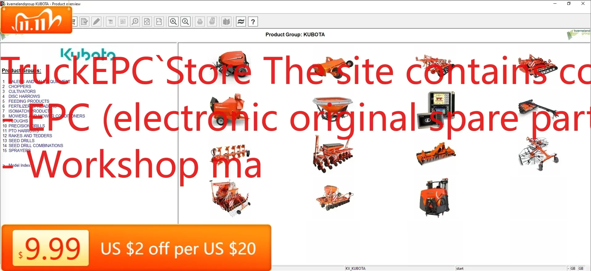 

TruckEPC Kverneland KUBOTA Каталог электронных запчастей для сельскохозяйственной техники DVD