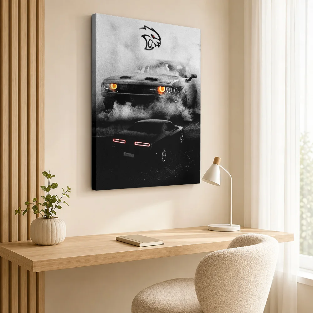 American Charger Challenger SRT Hellcat Black Muscle Cars Canvas Posters 3D Wall Art With Customized Photo For Office Ideal Gift